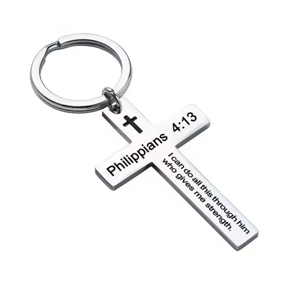 Silver Cross Keychain with Philippians 4:13